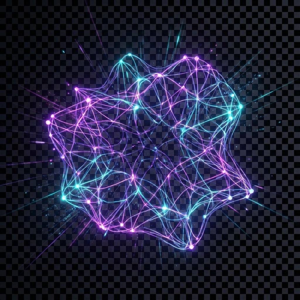 Glowing neural network connections, artificial intelligence concept, deep learning visualization, purple and cyan neon lights